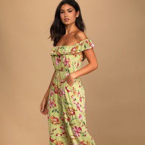 Lulus Chartreuse Floral Print Jumpsuit - Size Large